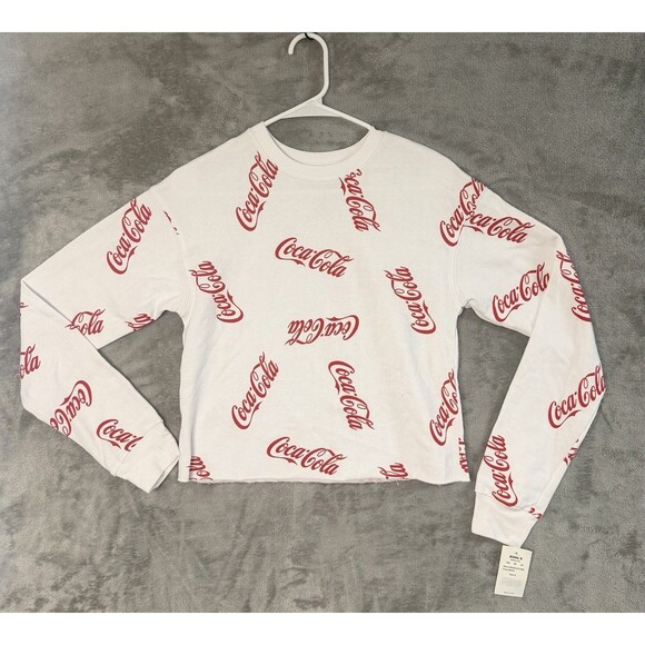 Coca-Cola Crop Sweatshirt Womens‎ Small White Red Logo Long Sleeve Cotton Blend
